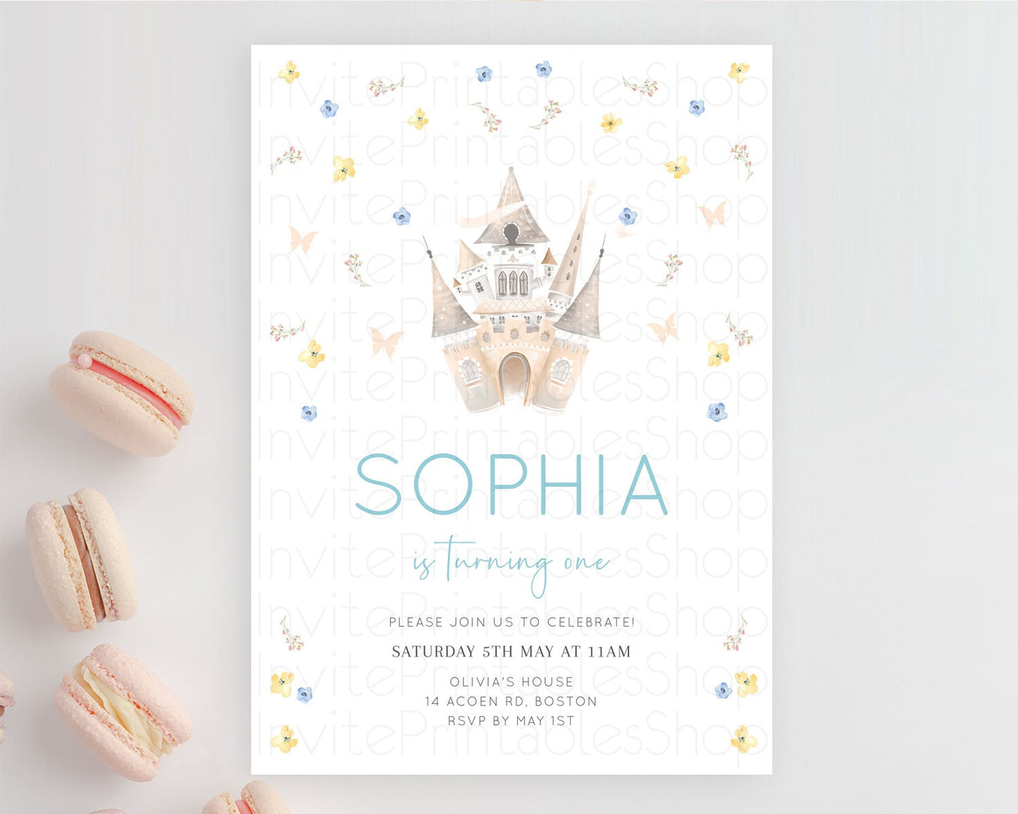 Princess Birthday Invitation Castle Invitation Royal Birthday Fairy Tale Enchanted Castle Pastel Floral Garden 1st First Birthday D10365