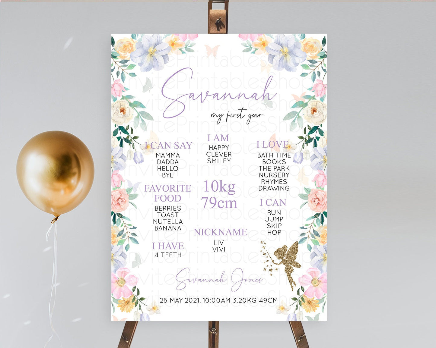 Fairy First Birthday Milestone Poster Fairy Secret Garden Milestone Board Enchanted Garden Pastel Floral Butterfly 1st Birthday Sign D10474