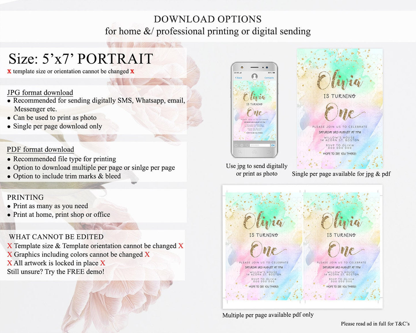 Rainbow Birthday Invitation Colorful Pastel Watercolor Invitation Gold Glitter Sprinkles Ombre Pastel 1st 2nd 3rd Birthday D23306