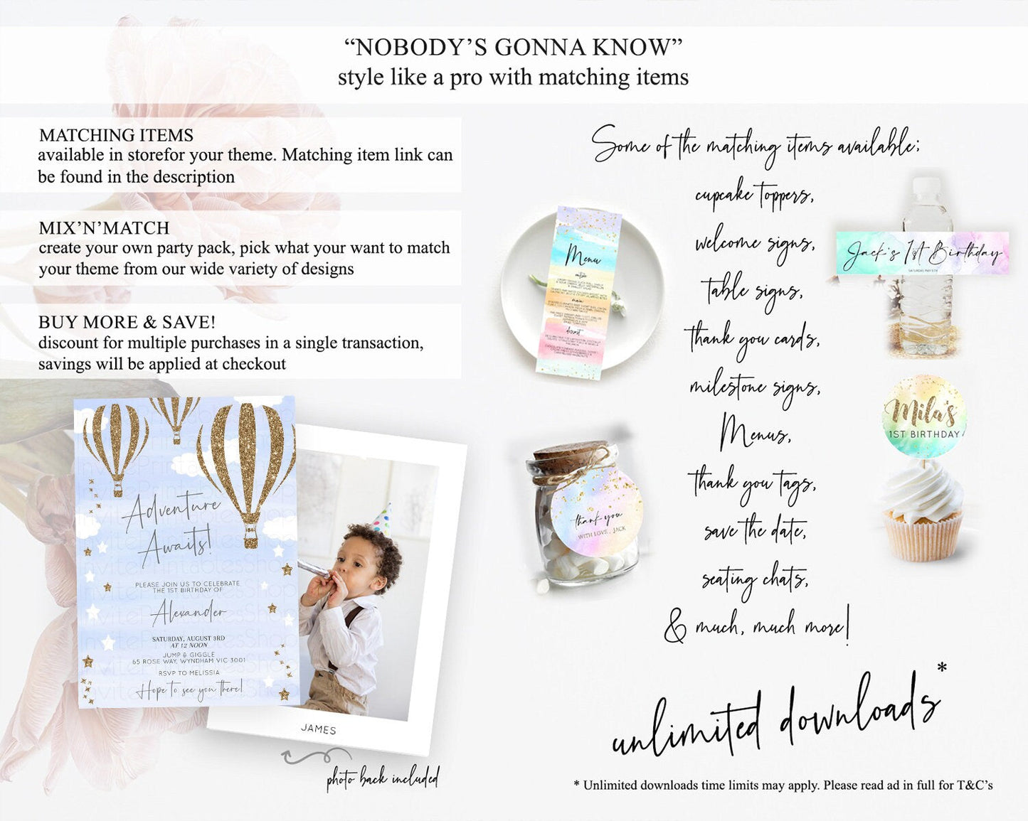 Hot Air Balloon Birthday Invitation Hot Air Balloon Invites Adventure Awaits Up Up & Away Glitter Blue Watercolor 1st Birthday Boy D10333
