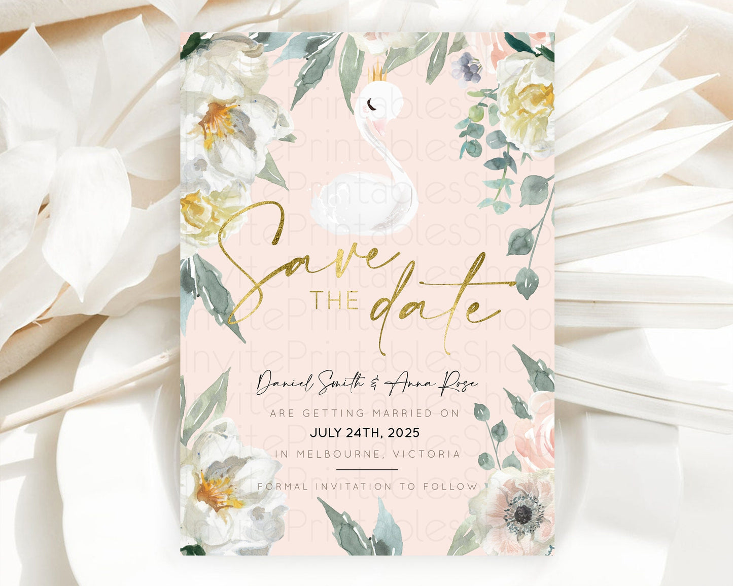 Swan Save The Date Template Swan Princess Ballet Party Enchanted Swan Lake Secret Garden Pastel Floral Birthday Baptism Baby Shower  D10115