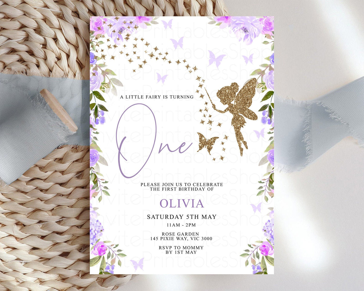 Fairy Birthday Invitation Enchanted Fairy Garden Invitation Magical Pixie Floral Pastel Birthday Invitation Wildflower Purple Glitter 47