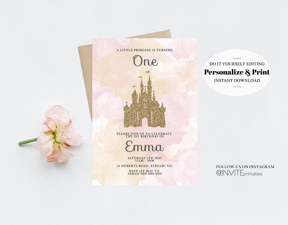 Princess Birthday Invitation Castle Invitation Disney Invitation Glitter Princess Invite Gold Pink Watercolor Invite Disney Castle Invite