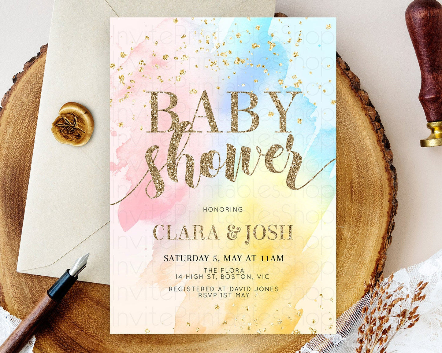 Pastel Baby Shower Invitation Rainbow Baby Shower Invitation Colorful Pastel Watercolor Invitation Gold Glitter Sprinkles Ombre D10556