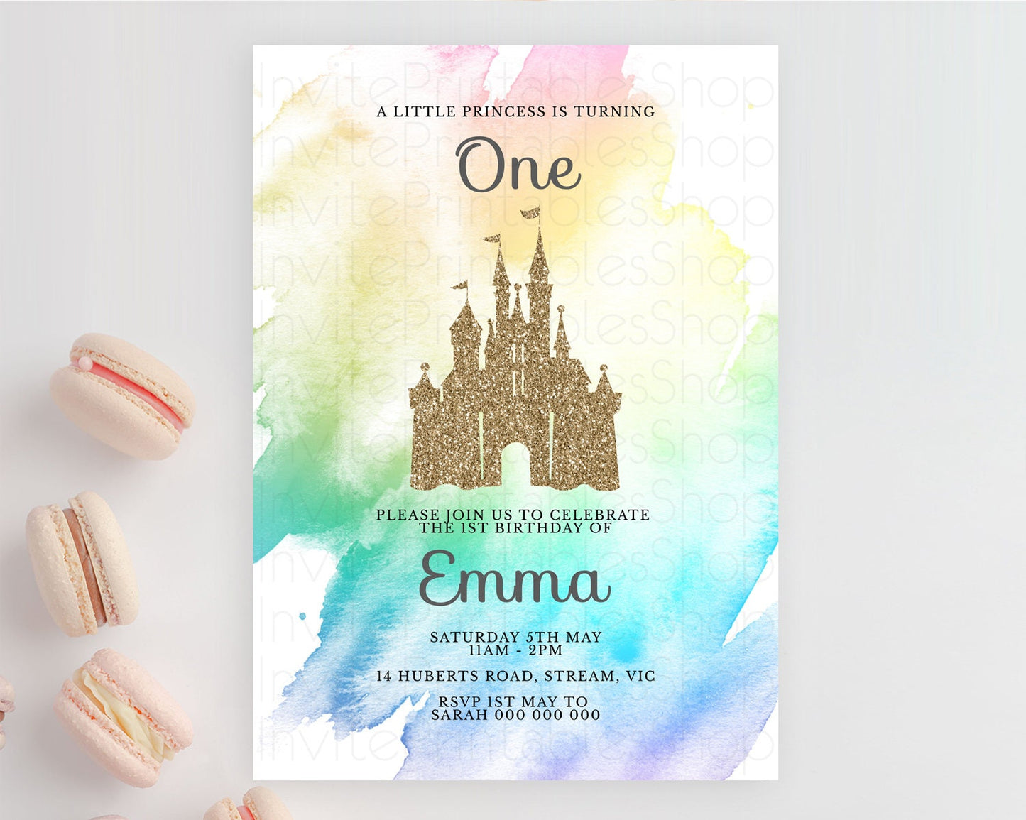 Princess Birthday Invitation Princess Invitation Pastel Invitation Royal Birthday Rainbow Color Enchanted Castle 1st First Birthday D10833
