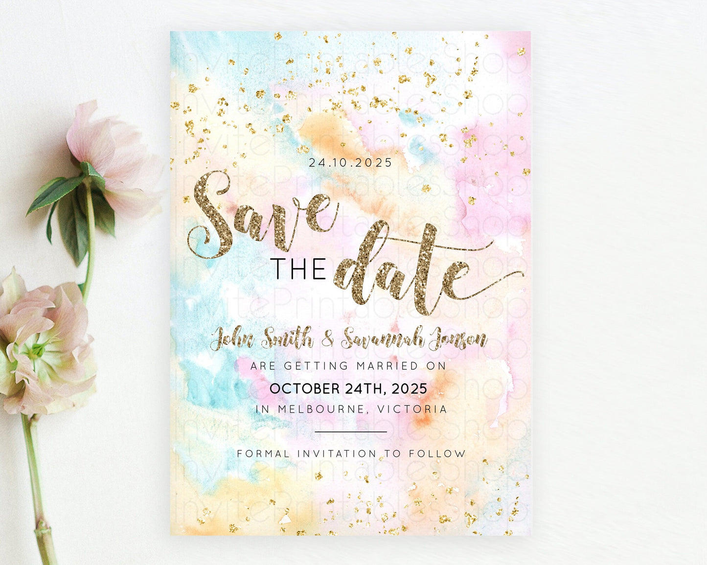 Pastel Save The Date Template Pastel Ombre Rainbow Watercolor Colorful Party For Birthday Baptism Baby Shower Wedding Bridal Shower D10548