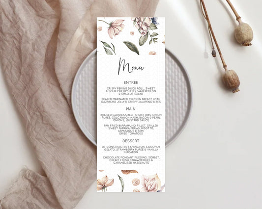 Secret Garden Menu Wildflower Menu Template Pastel Flower Garden Table Decor Boho Floral Dinner Dessert Floral Party Food Menu D10504