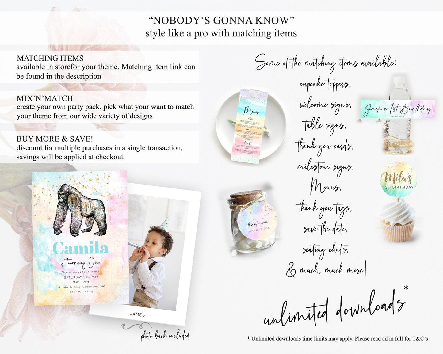 Pastel Gorilla Birthday Invitation Pastel Gorilla Invitation Rainbow Gorilla Invitation Pastel Watercolor Invite Safari Zoo Glitter D10284