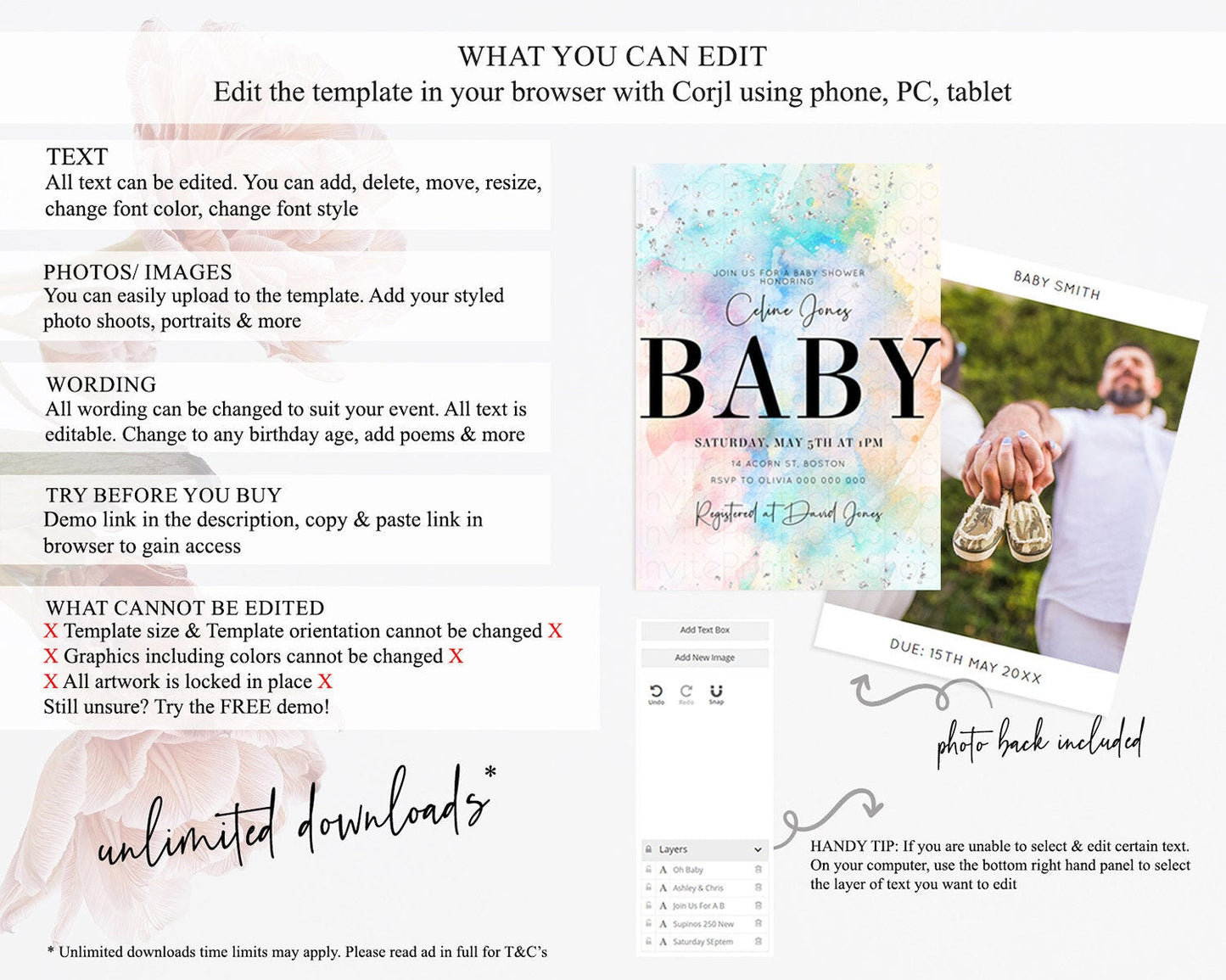 Pastel Rainbow Baby Shower Invitation, Pastel Watercolor, Colorful Ombre Splash with Silver Sprinkles- Teal Blue, Orange, Yellow Pink D11031