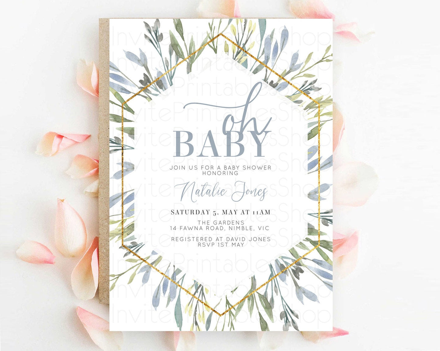 Leaf Baby Shower Invitation Leafy Watercolor Invitation Simple Greenery Invitation Eucalyptus Fern Spray Leaves Minimal Green Leaf D10532