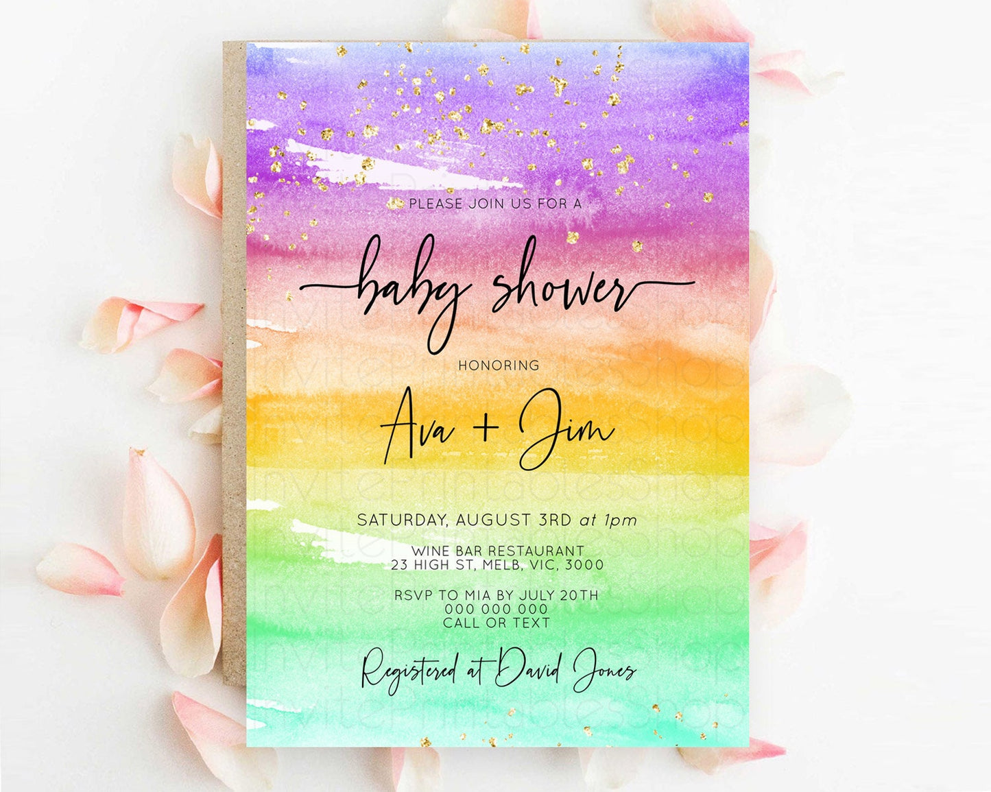 Pastel Baby Shower Invitation Rainbow Baby Shower Invitation Colorful Pastel Watercolor Invitation Gold Glitter Sprinkles Ombre D10524