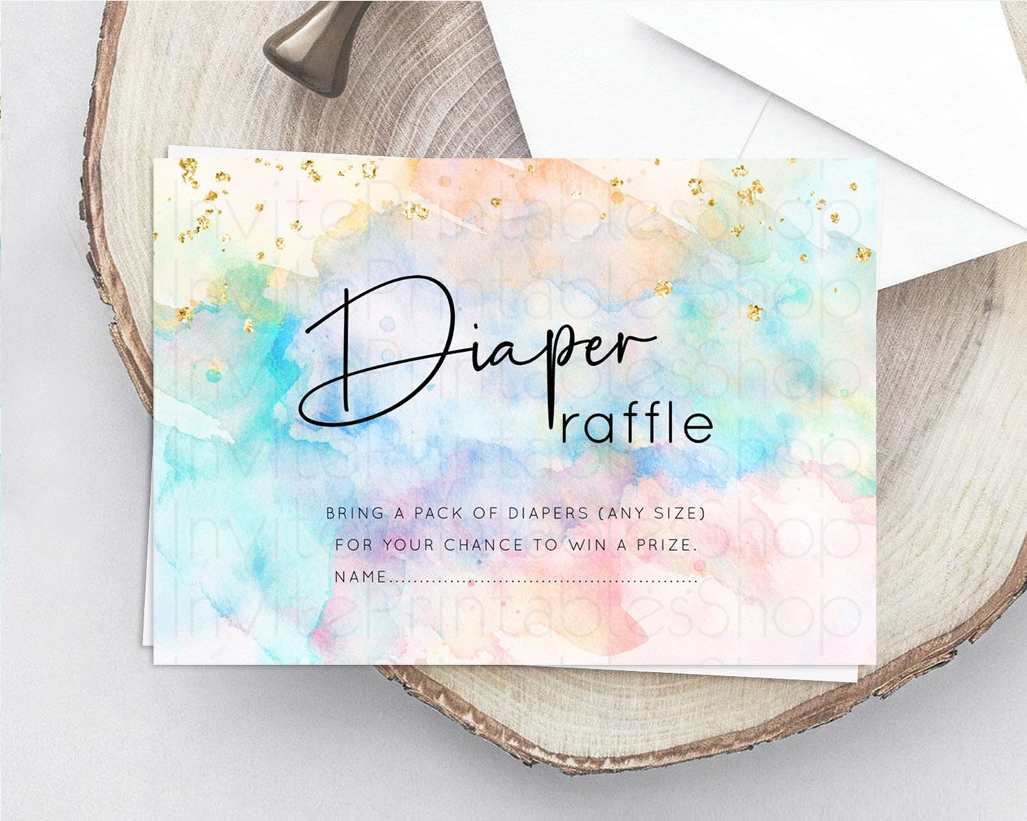 Pastel Diaper Raffle Card Pastel Rainbow Diaper Raffle Insert Colorful Ombre Watercolor Diaper Ticket Confetti Glitter Raffle Game D10266