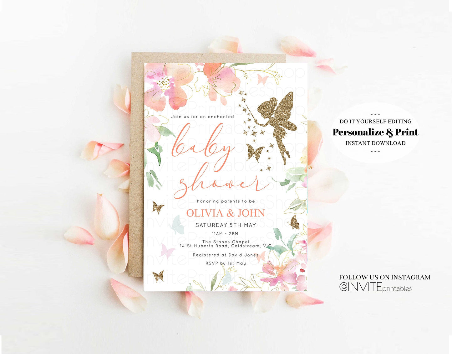 Fairy Baby Shower Invitation Enchanted Fairy Garden Baby Shower Invite Pastel Watercolor Invite Pixie Pink Flowers White Gold Glitter 91