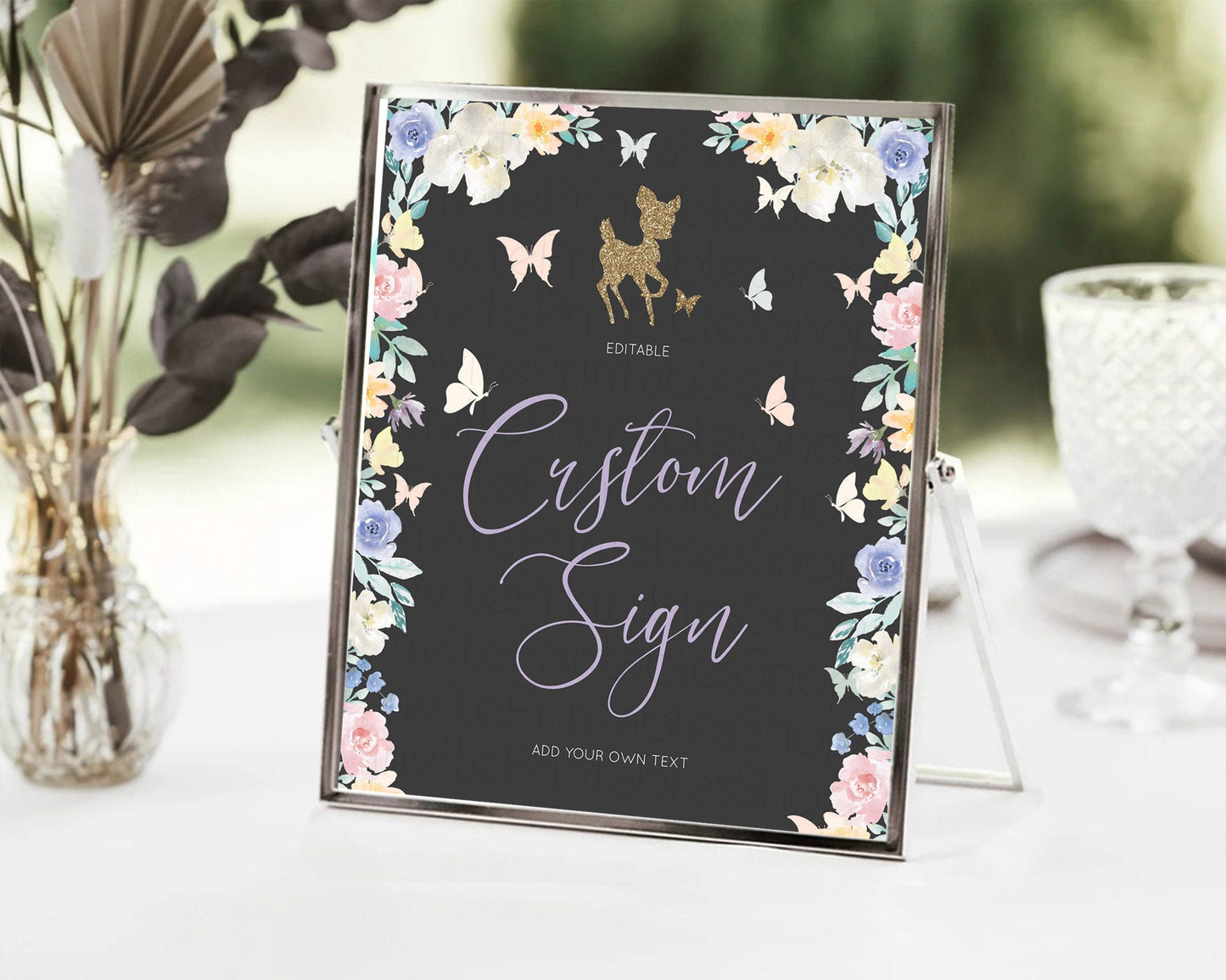 Fawn Deer Sign Pastel Floral Deer Table Sign Decor Enchanted Forest Butterfly Party 1st Birthday Baptism Baby Shower Bridal Shower D10323