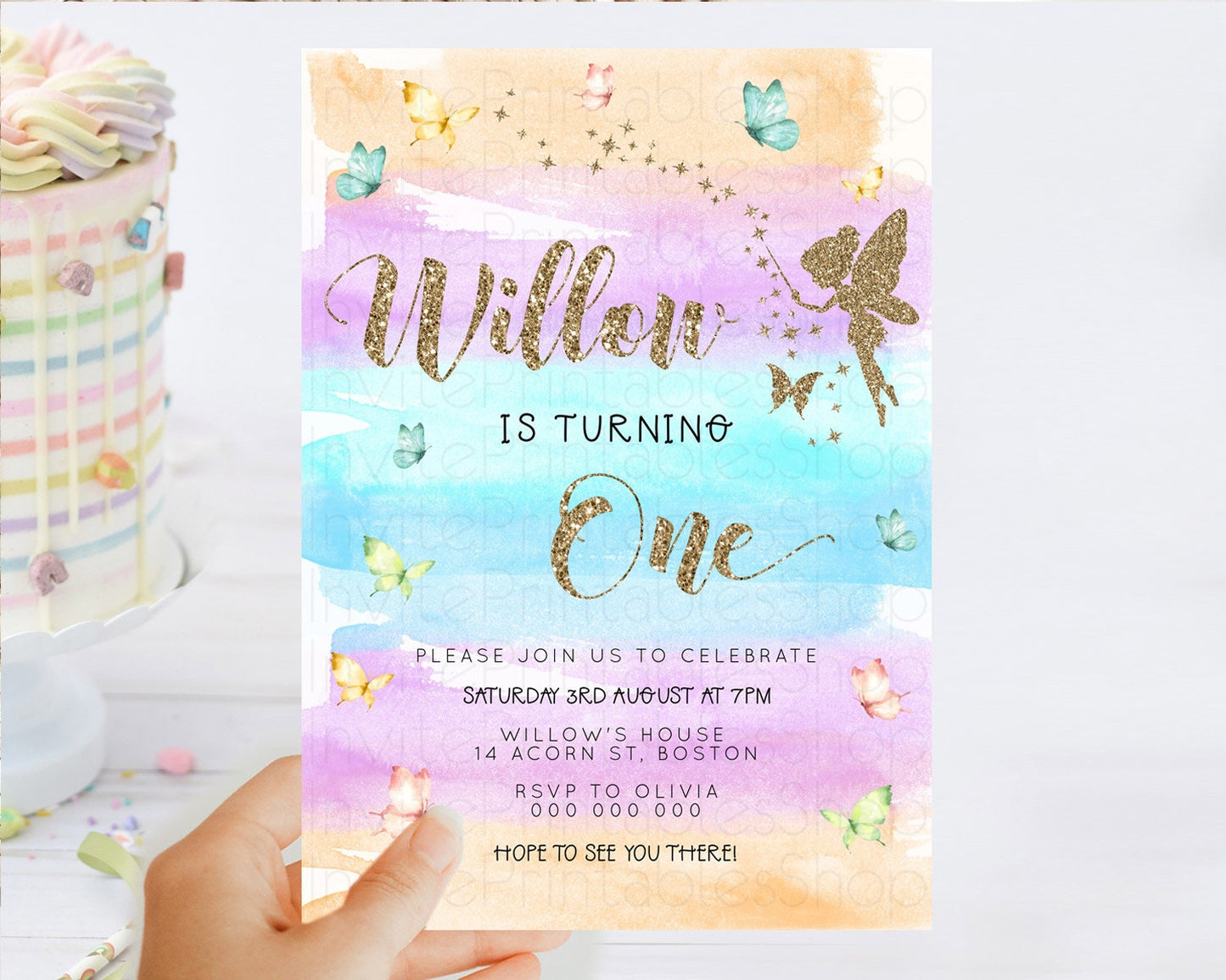 Pastel Fairy Birthday Invitation Pastel Butterflies Fairy Birthday Invitation Rainbow Ombre Watercolor 1st 2nd Birthday Invitation D23319