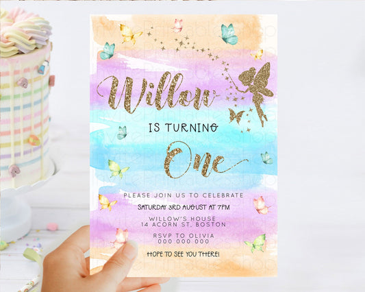 Pastel Fairy Birthday Invitation Pastel Butterflies Fairy Birthday Invitation Rainbow Ombre Watercolor 1st 2nd Birthday Invitation D23319