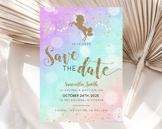 Editable Unicorn Rainbow Save The Date Template Pastel Unicorn Party Magical