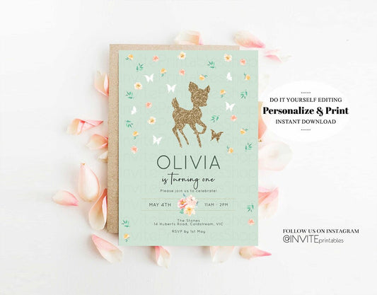 Deer Birthday Invite Deer Birthday Invite Deer Invite Green Fawn Party Invite Pastel Floral Invite Glitter Invite Garden Party Invite
