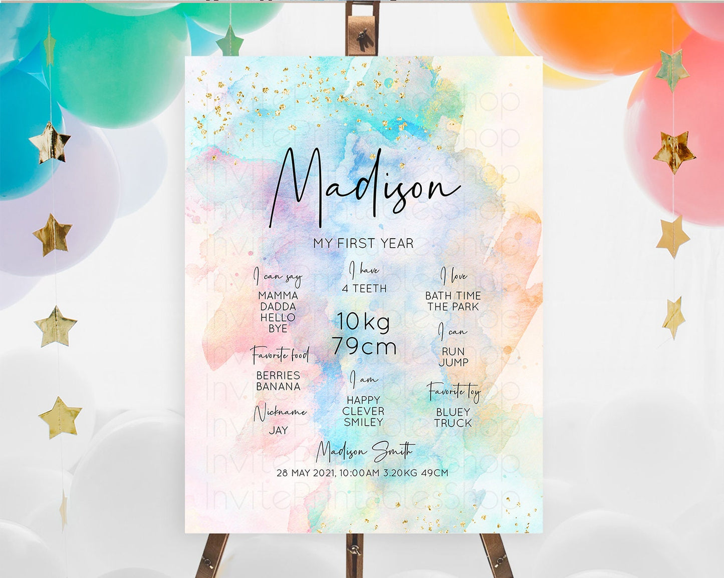 Pastel First Birthday Milestone Board Pastel Rainbow Milestone Poster Colorful Confetti Watercolor Glitter 1st Birthday Welcome Sign D10266