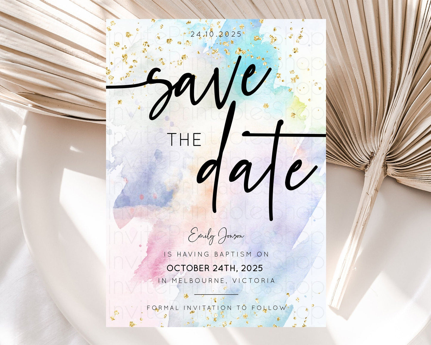 Pastel Save The Date Template Pastel Ombre Rainbow Watercolor Colorful Party For Birthday Baptism Baby Shower Wedding Bridal Shower D10424