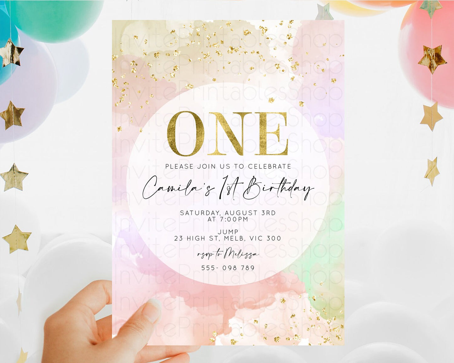 Rainbow Birthday Invitation Colorful Pastel Watercolor Invitation Gold Glitter Sprinkles Ombre Pastel 1st 2nd 3rd Birthday D10627