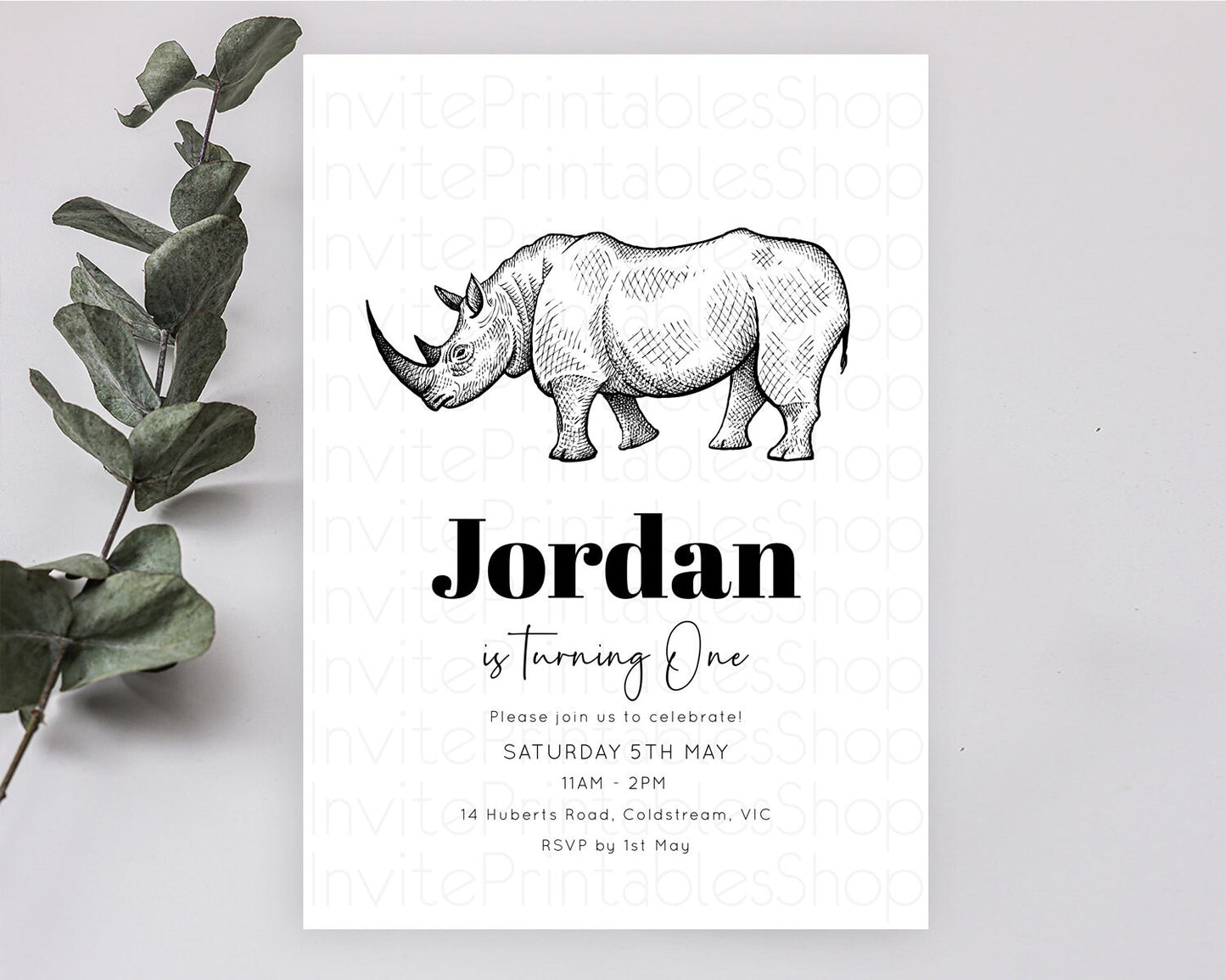 Rhino Birthday Invitation Rhino Invitation Rhino Birthday Rhino Safari Adventure Invite Rhino Palm Leaf Invite Zoo Party D10253