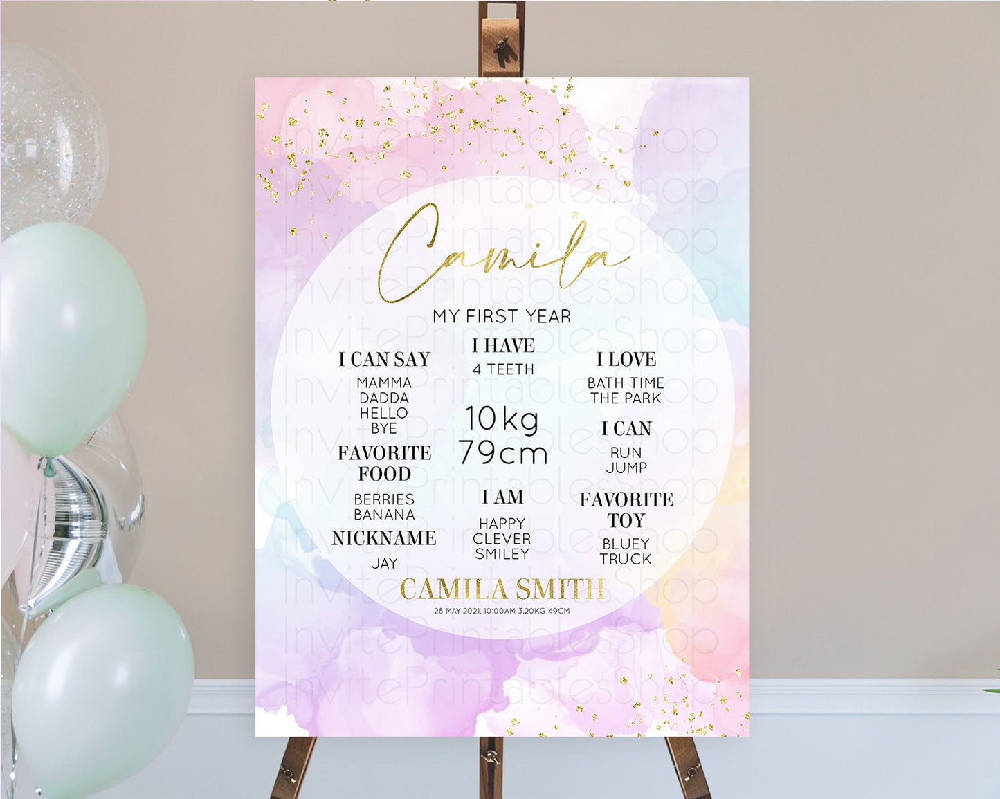 Pastel First Birthday Milestone Board Pastel Rainbow Milestone Poster Colorful Confetti Watercolor Glitter 1st Birthday Welcome Sign D10623