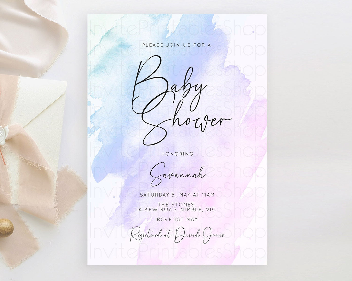 Purple Baby Shower Invitation Purple Watercolor Baby Shower Invitation Pastel Purple Watercolor Invitation Purple Splash Invitation D10165