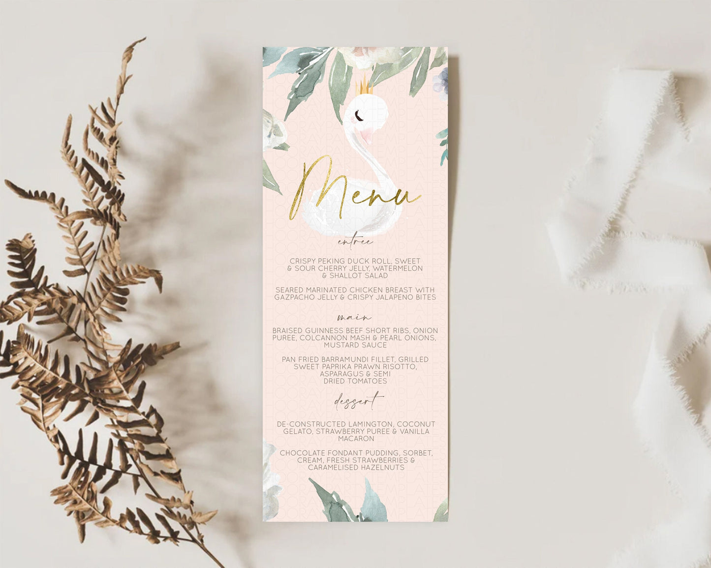 Swan Menu Swan Princess Ballet Menu Template Enchanted Swan Lake Table Decor Secret Garden Pastel Floral Dinner Dessert Food Menu  D10115