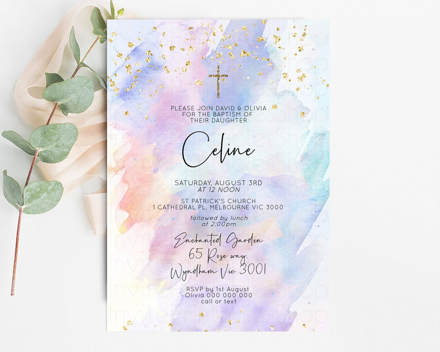Rainbow Baptism invitation Pastel Rainbow Christening Invite Ombre Watercolor Invite Gold Glitter Sprinkle Splash Cross Religious t576