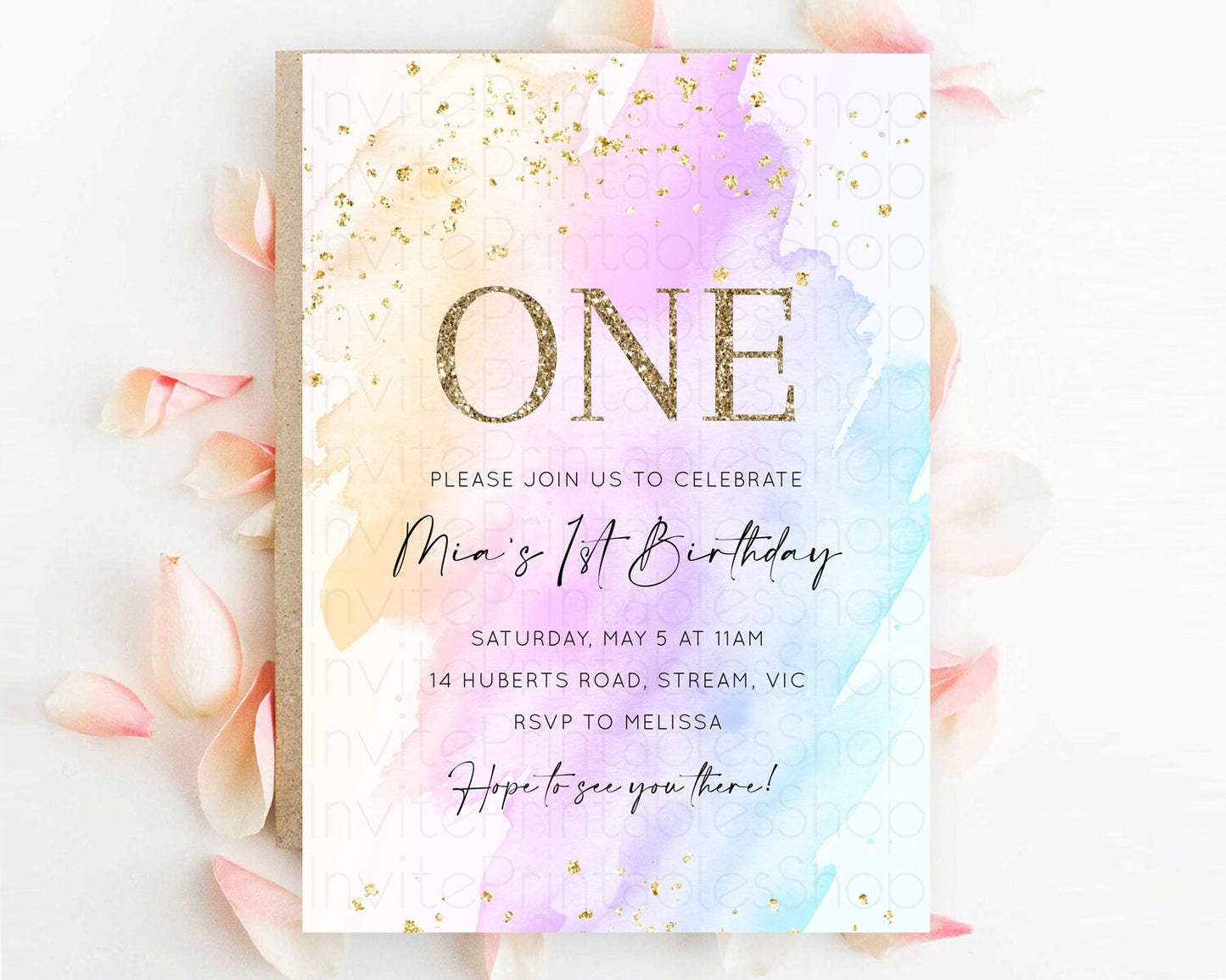 Rainbow Birthday Invitation Colorful Pastel Watercolor Invitation Gold Glitter Sprinkles Ombre Pastel 1st 2nd 3rd Birthday D10175