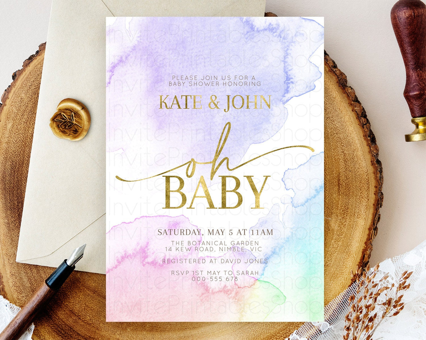 Pastel Baby Shower Invitation Rainbow Baby Shower Invitation Colorful Pastel Watercolor Invitation Gold Glitter Sprinkles Ombre D10215