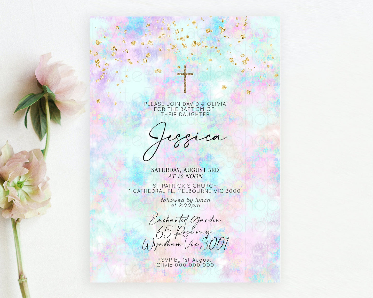 Pastel Baptism Invitation Pastel Colors Watercolor Baptism 1st Birthday Party Gold Ombre Pastel Rainbow Christening Holy Communion D10652