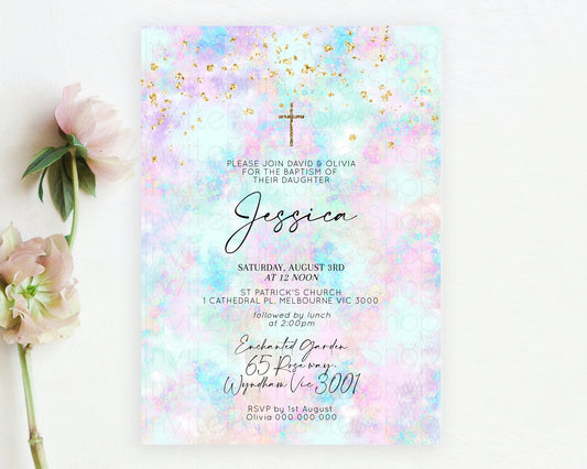 Pastel Baptism Invitation Pastel Colors Watercolor Baptism 1st Birthday Party Gold Ombre Pastel Rainbow Christening Holy Communion D10652