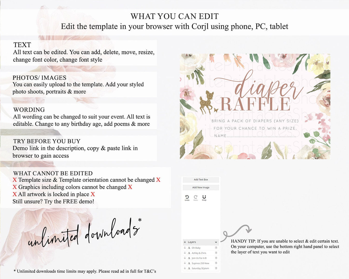 Fawn Diaper Raffle Card Deer Diaper Insert Floral Deer Diaper Ticket Enchanted Forest Butterfly Pastel Baby Shower Raffle Game D10193