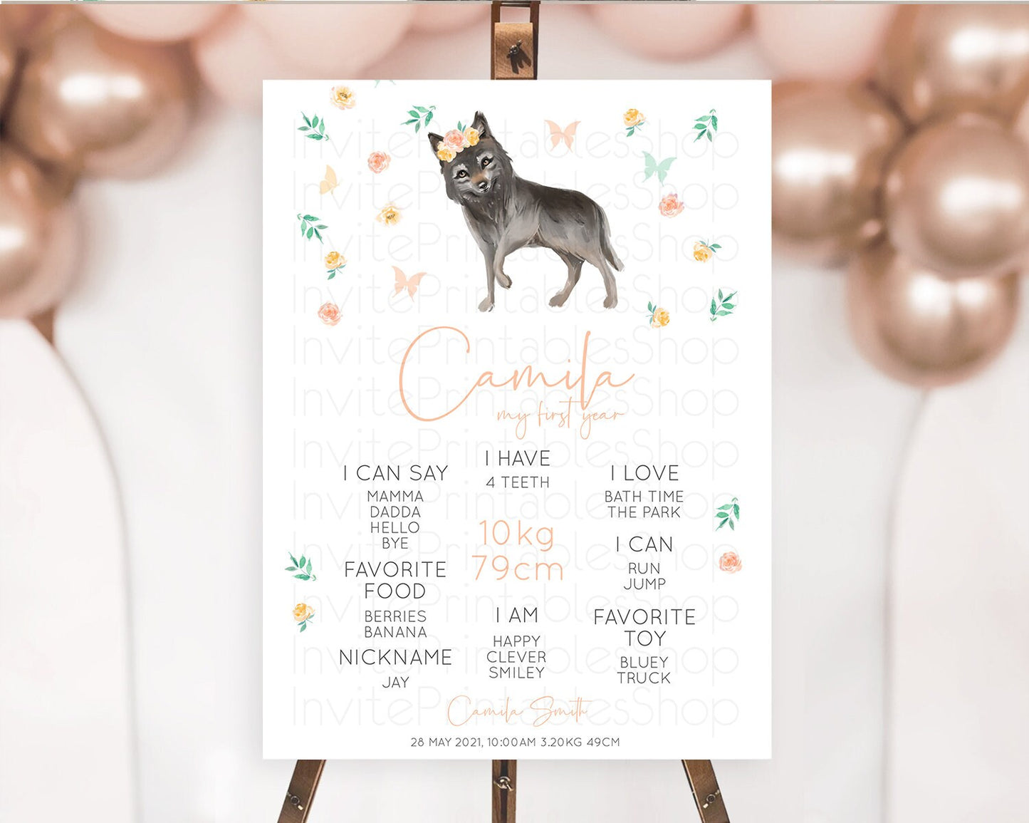 Wolf First Birthday Milestone Poster Wolf Milestone Board Pastel Floral Wolf Milestone First Birthday Welcome Sign D10362