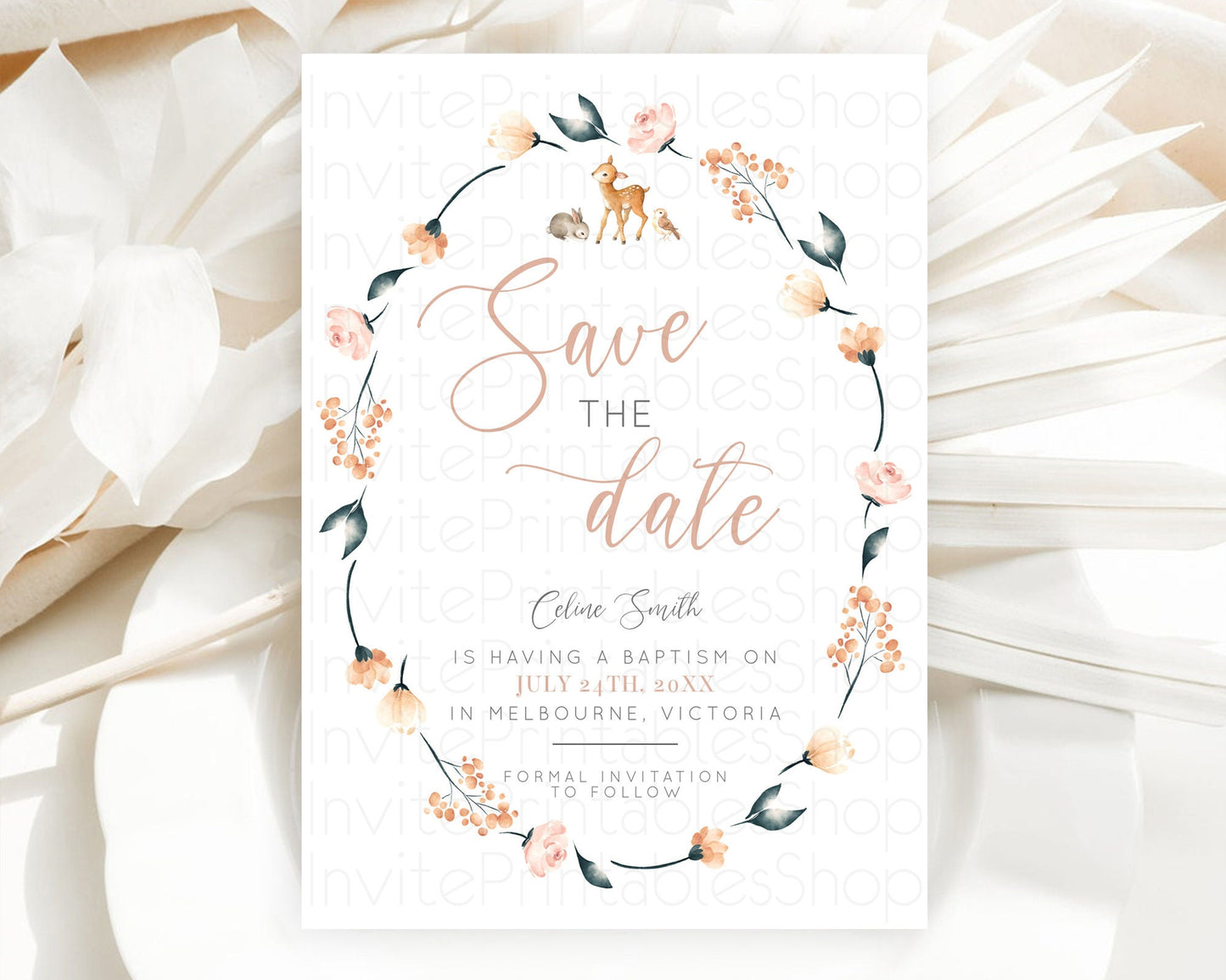 Fawn Deer Save The Date Template Pastel Floral Deer Enchanted Forest Butterfly Party 1st Birthday Baptism Baby Shower Bridal Shower D10240