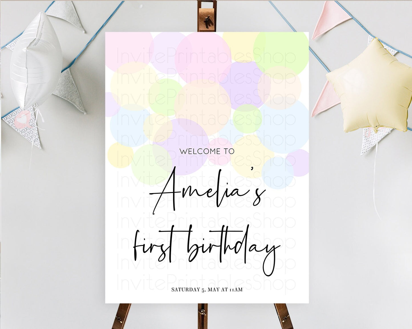 Rainbow Welcome Sign Pastel Welcome Board Pastel Rainbow Confetti Welcome Sign Colorful Bubbles Pastel First Birthday Welcome Sign D10229