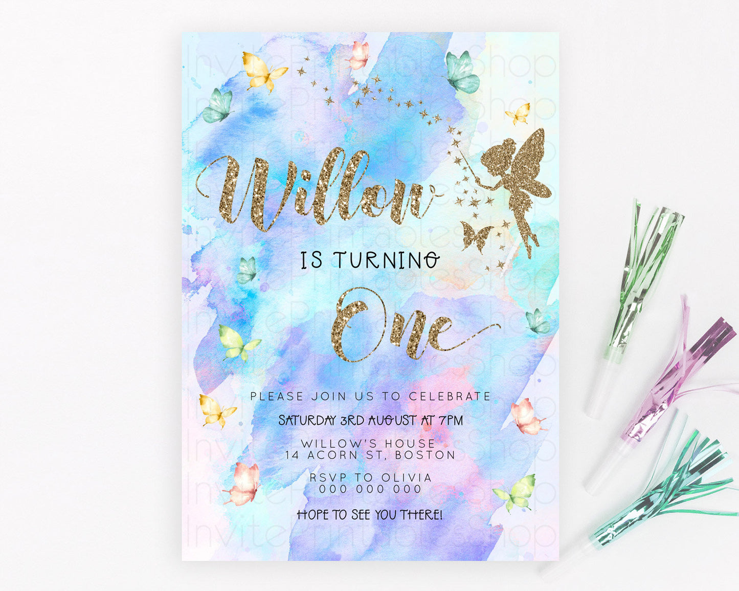 Pastel Fairy Birthday Invitation Pastel Butterflies Fairy Birthday Invitation Rainbow Ombre Watercolor 1st 2nd Birthday Invitation D23339