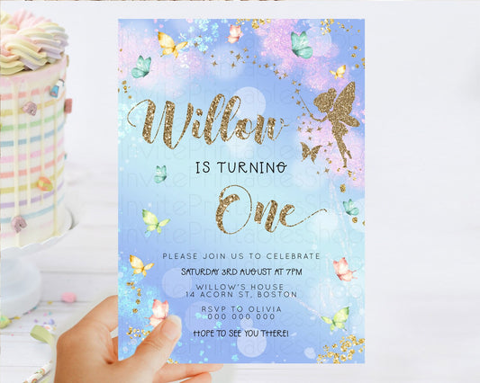 Pastel Fairy Birthday Invitation Pastel Butterflies Fairy Birthday Invitation Rainbow Ombre Watercolor 1st 2nd Birthday Invitation D23160