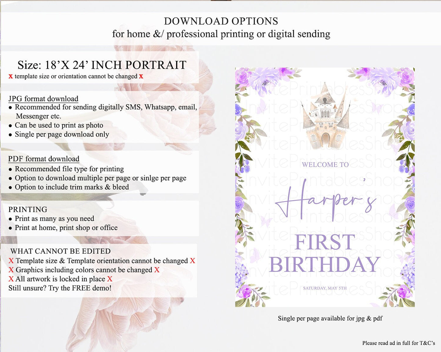 Princess Birthday Welcome Sign Castle Welcome Board Secret Garden Enchanted Castle Pastel Floral Garden First Birthday Welcome Sign D10339