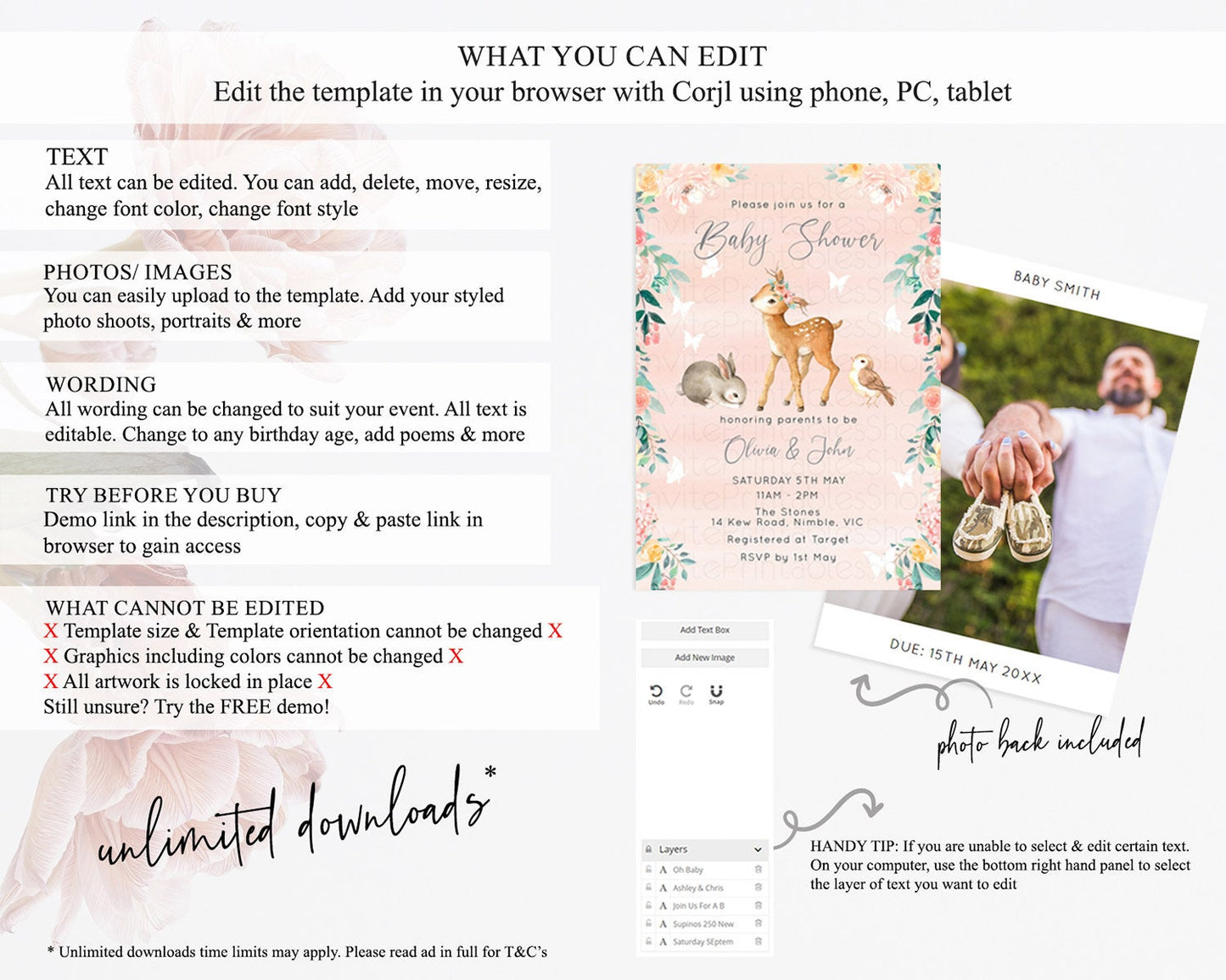 Enchanted Forest Baby Shower Invitation Baby Fawn Invitation Forest Animals, Pastel Deer, Butterflies, Whimsical Pink Orange Flowers D10921