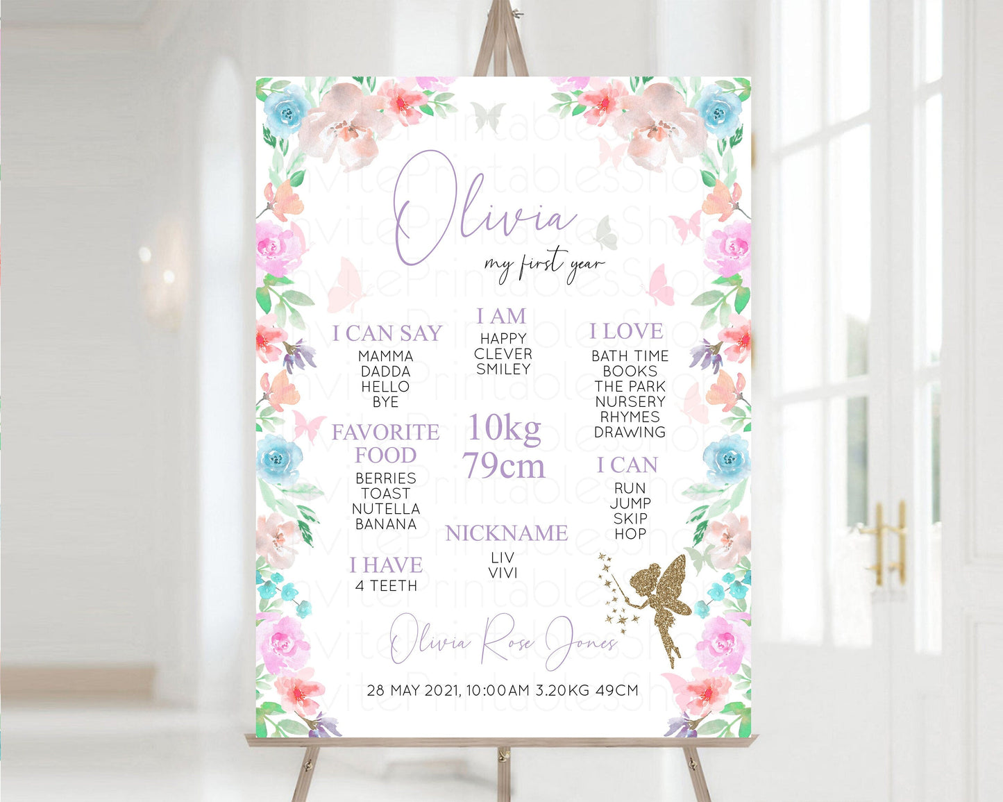 Fairy Baby Milestone Board Pastel Floral First Birthday Poster Enchanted Garden Welcome Board Colorful 1st Birthday Baby Milestone Sign P113