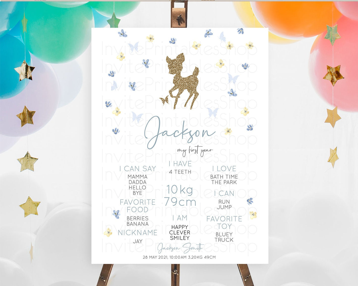 Fawn First Birthday Milestone Board Deer First Birthday Milestone Poster Enchanted Forest Butterfly Pastel Flowers 1st Birthday Sign D10864