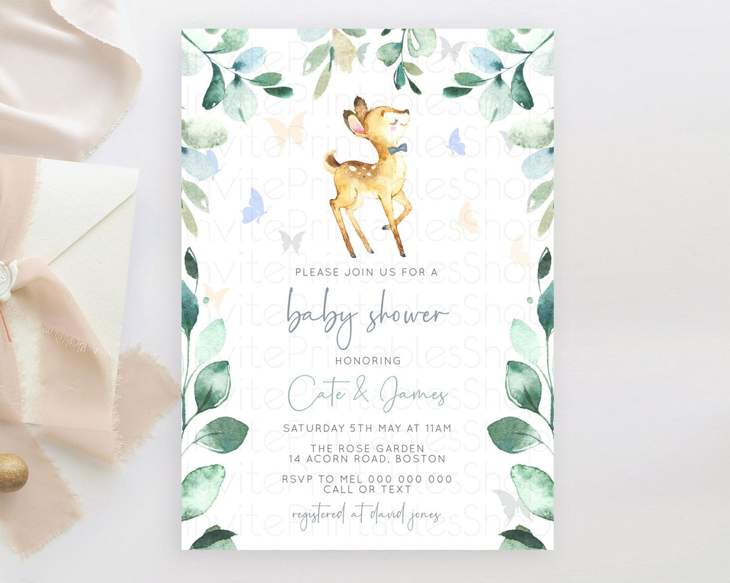 Fawn Baby Shower Invitation Deer Baby Shower Invites Enchanted Forest Theme Butterfly Pastel Flowers Whimsical Baby Shower D10767