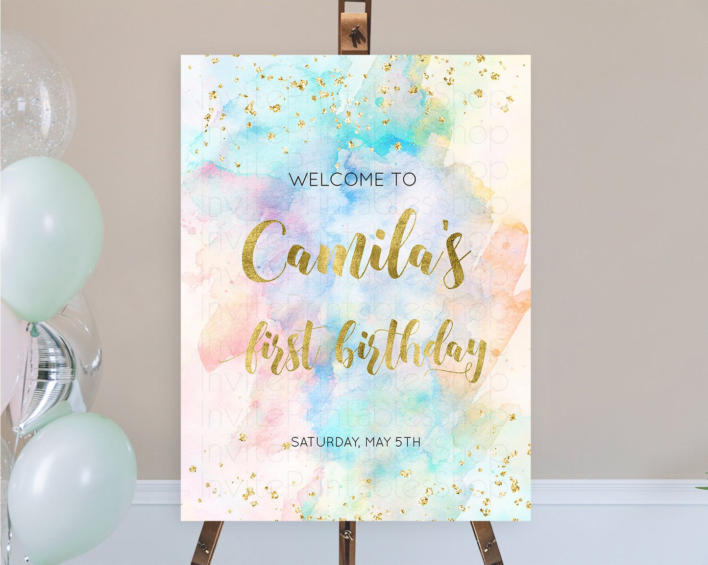 Pastel Welcome Sign Pastel Rainbow Welcome Sign Colorful Rainbow Confetti Watercolor Glitter Pastel First Birthday Welcome Sign D10272