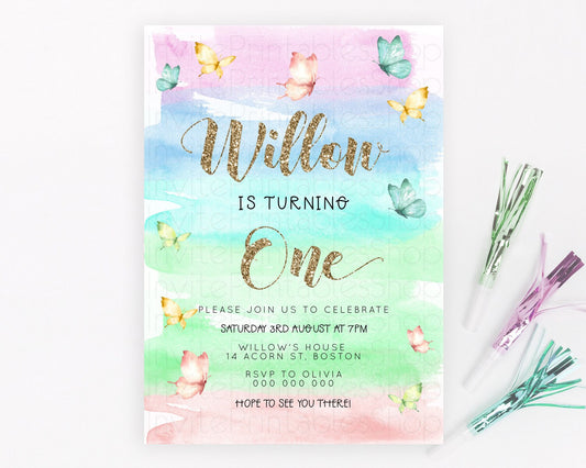 Pastel Butterfly Birthday Invitation Butterfly Birthday Invitation Colorful Splash Glitter Butterfly Garden 1st 2nd Birthday D23226