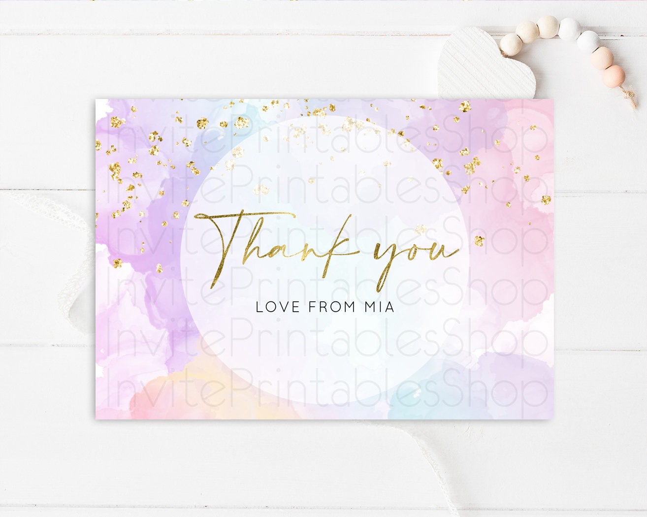 Pastel Rainbow Thank you Colorful Watercolor Gift Cards Splash Gold Glitter Card Birthday Engaged Baby Shower Wedding Folded/ Postcard 599v1