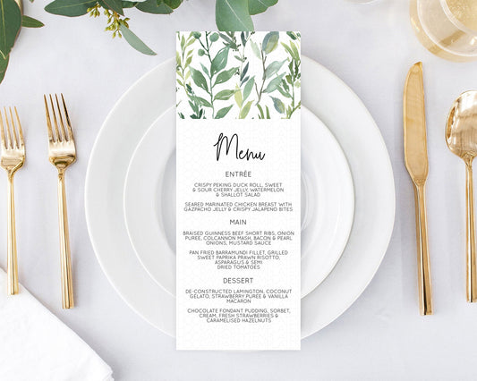 Leafy Menu Green Leaf Menu Template Eucalyptus Fern Leaves Decor Watercolor Boho Garden Leaf Branch Dinner Dessert Party Food Menu D10964