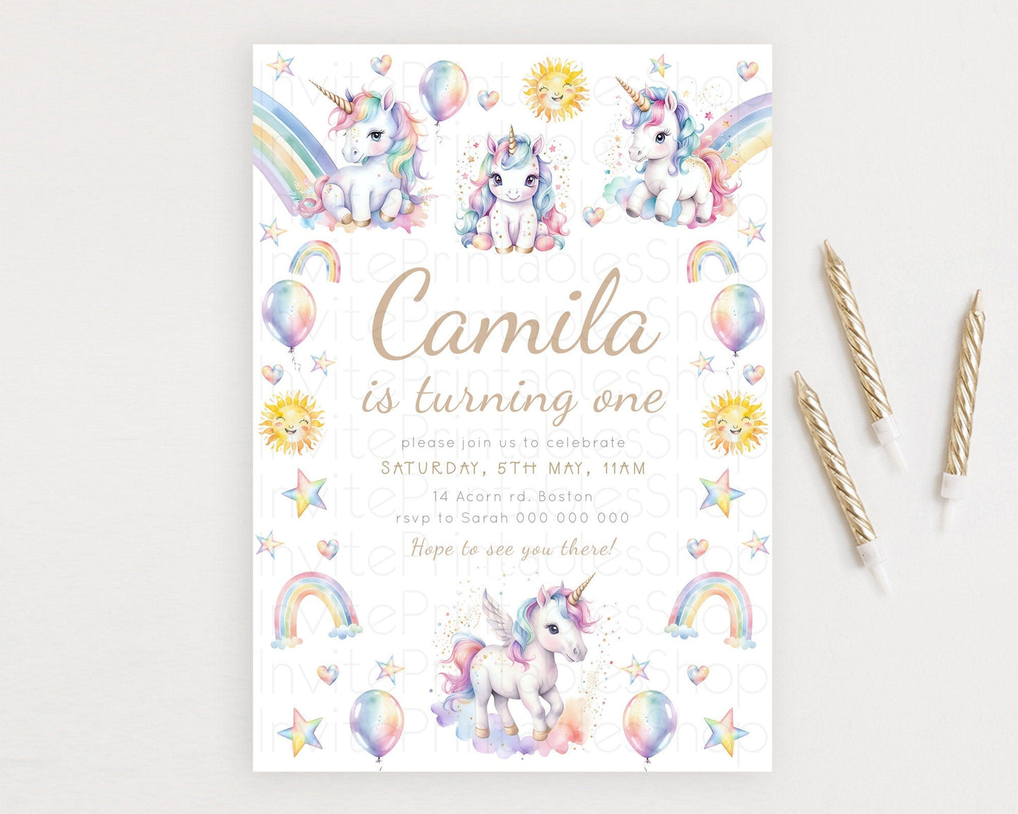 Rainbow Unicorn Birthday Invitation Pastel Birthday Invitation Magical Unicorn Party Theme Pastel Stars Heart Sun 1st 2nd Birthday D23372